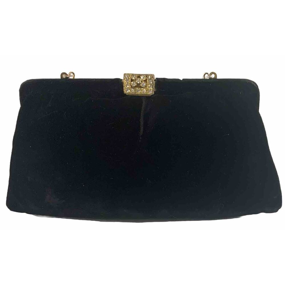 Vintage Womens Black Velvet Clutch Wallet With Silver Hardware And Jeweled Clasp